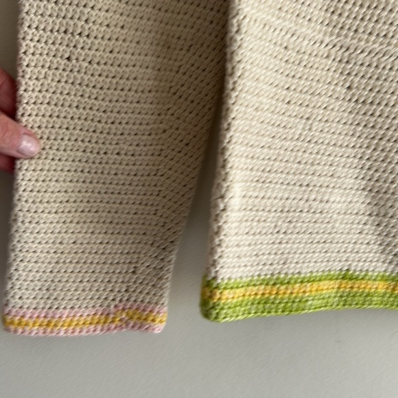 Cream Multi Color Hand Crochet Cotton Crew Neck Sweater Women's Size LG - Picture 6 of 11